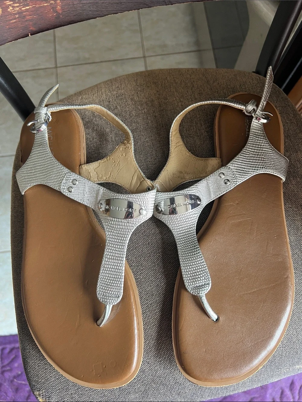 Michael Kors Silver Metallic Thong Sandals with Brown Footbed